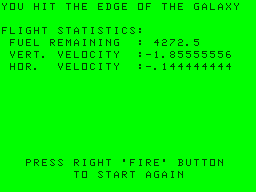 Lunar Lander game screen #2 - crashed, stats for flight