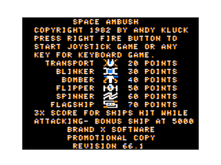 Space Ambush intro screen - original promo copy